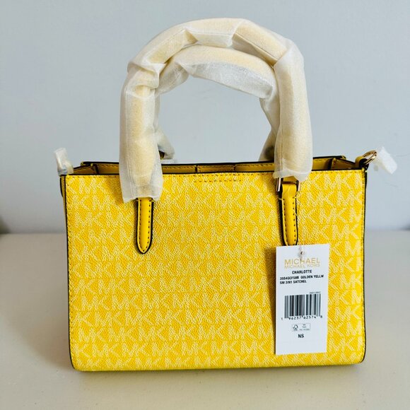 MICHAEL KORS CHARLOTTE SM SIG LOGO CANVAS LEATHER 3-IN-1 SATCHEL YELLOW - Picture 4 of 11